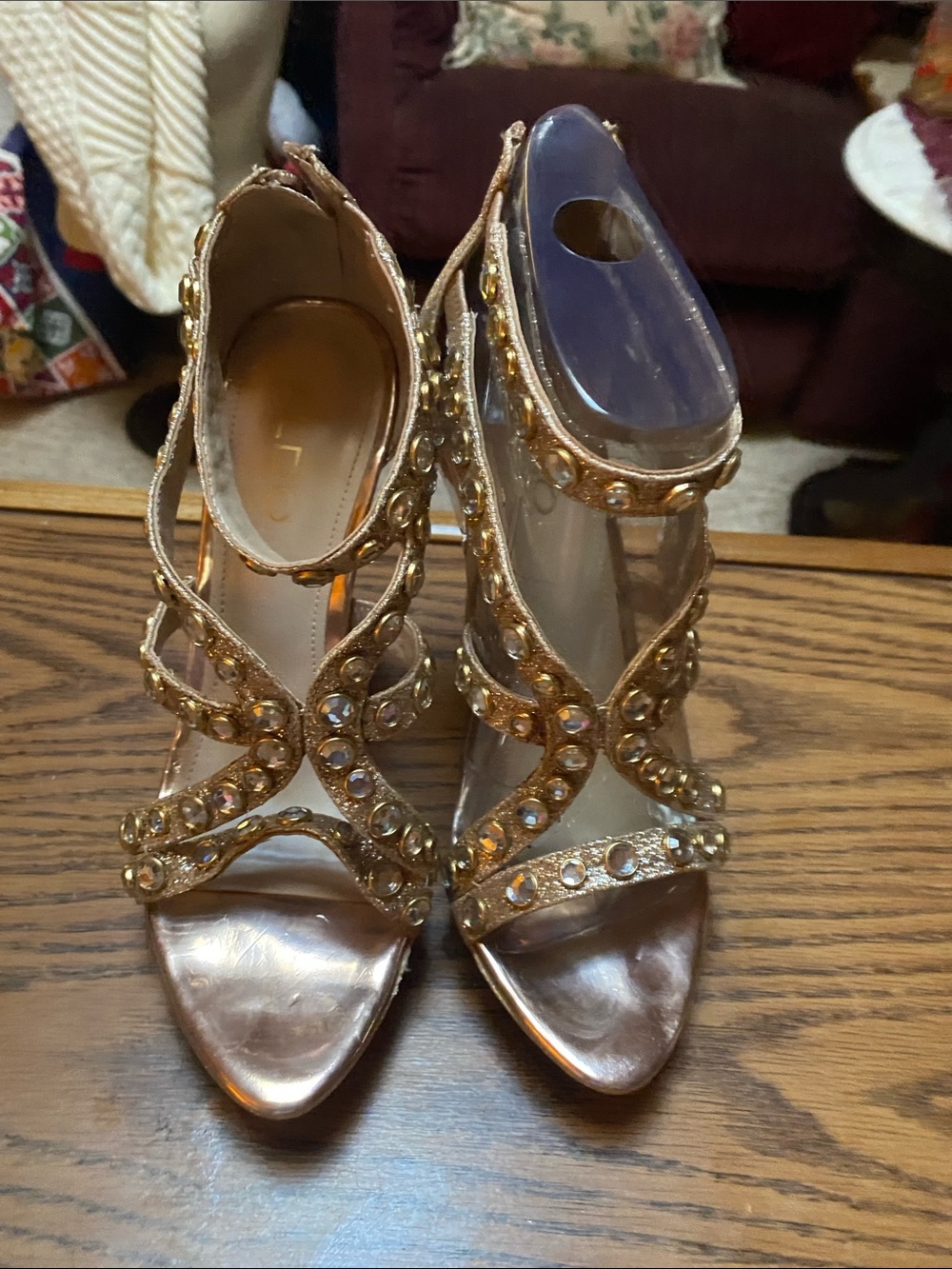 Women's Gold Embellished Strappy Heels - Elegant Evening Sandals size 7
